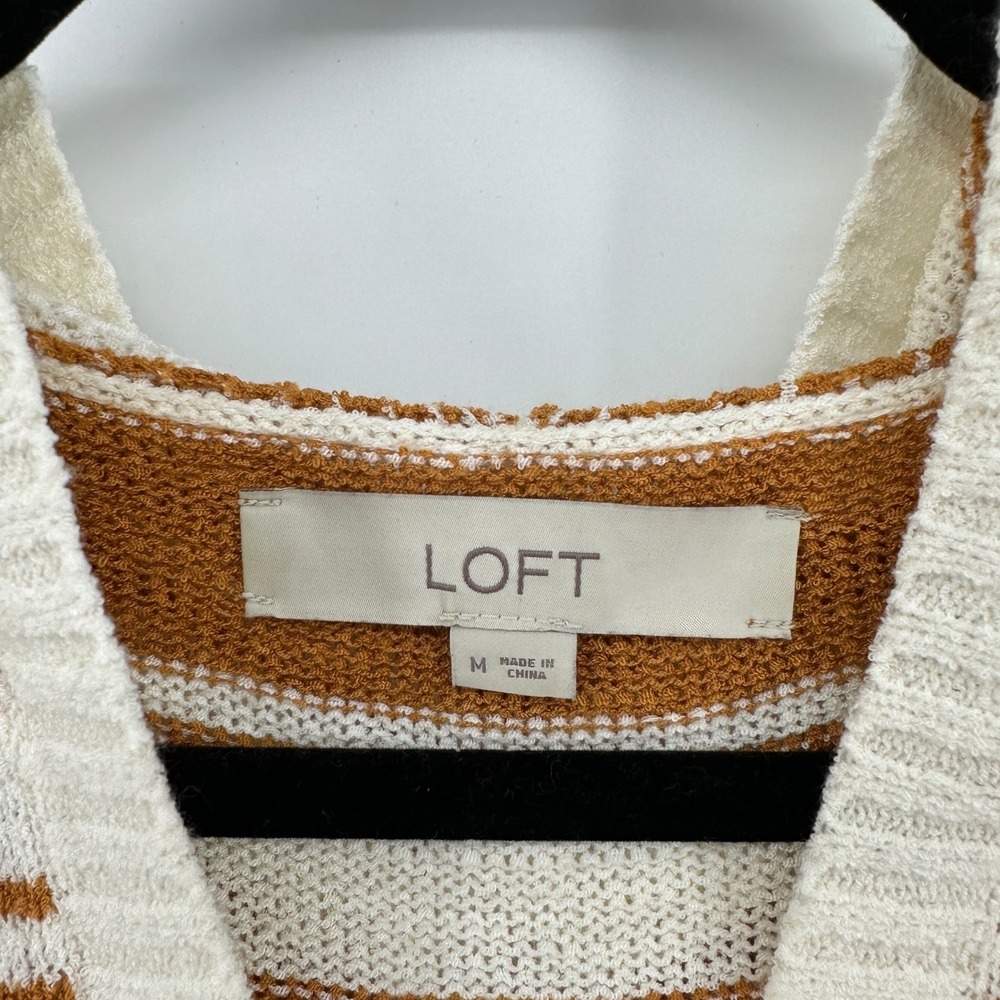 Loft Womens Striped Knit Hoodie Sweater Rust Cream Medium V-Neck - Picture 4 of 8